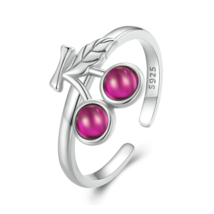 Bague Cerises Argent Sterling 925 plaqué or blanc avec rubis – ajustable