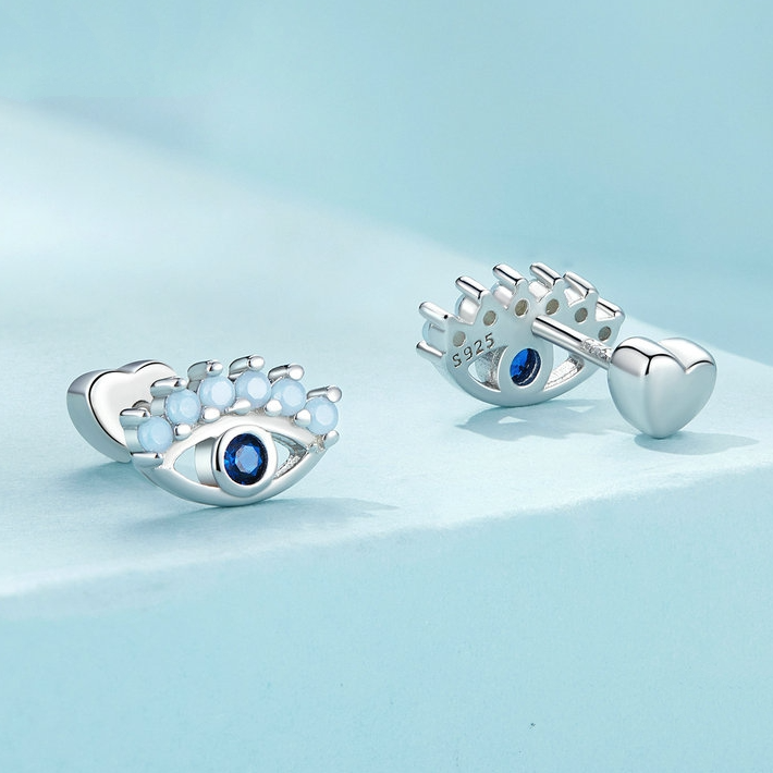 Boucles d’Oreilles Oeil du Diable Puces en Argent Sterling 925 plaqué or blanc avec zircons bleus - Photo 4