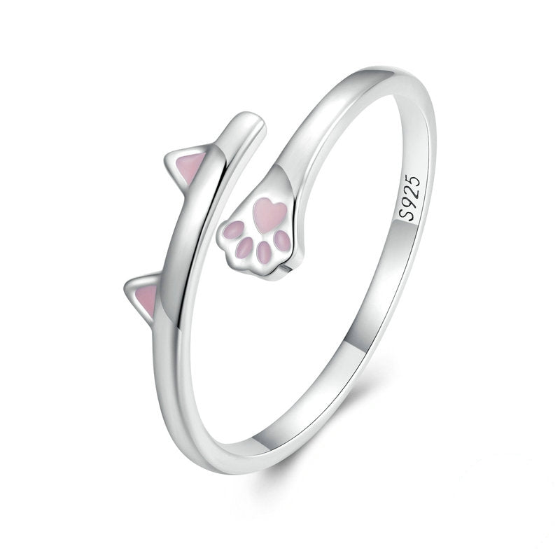 Bague Chat en argent 925 plaqué or blanc ajustable émaillé rose