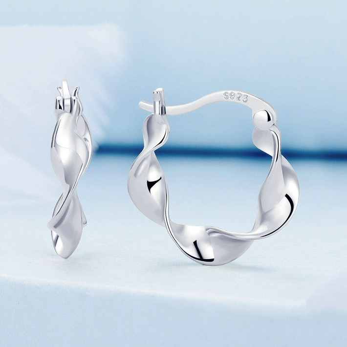 Boucles d’Oreilles Créoles Ondulés Argent Sterling 925 plaqué or blanc - Photo 4