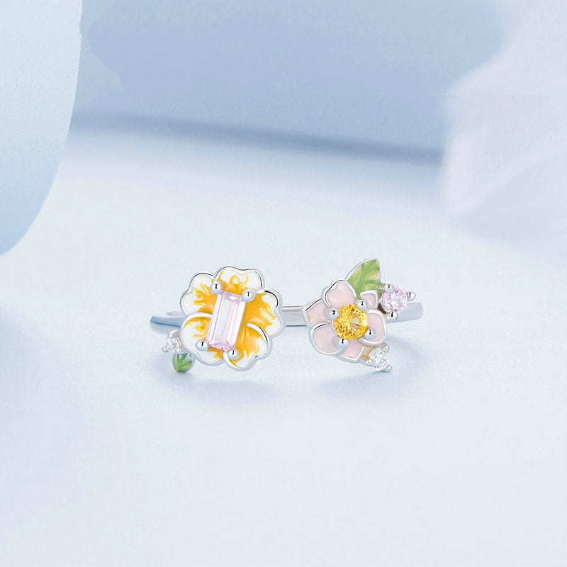 Bague Fleurs en argent 925 plaqué or blanc ajustable émaillé à la main avec zircons colorés - Photo 3