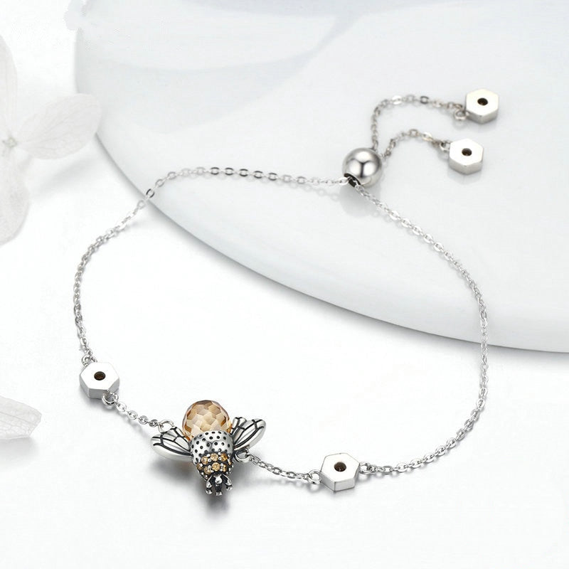 Bracelet Reine des Abeilles en argent 925 plaqué or blanc ajustable avec zircons couleur champagne - Photo 3