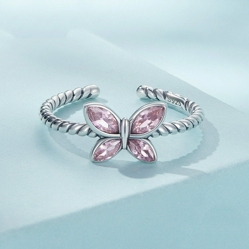 Bague Papillon Rose en argent 925 plaqué or blanc ajustable avec zircons roses - Photo 3