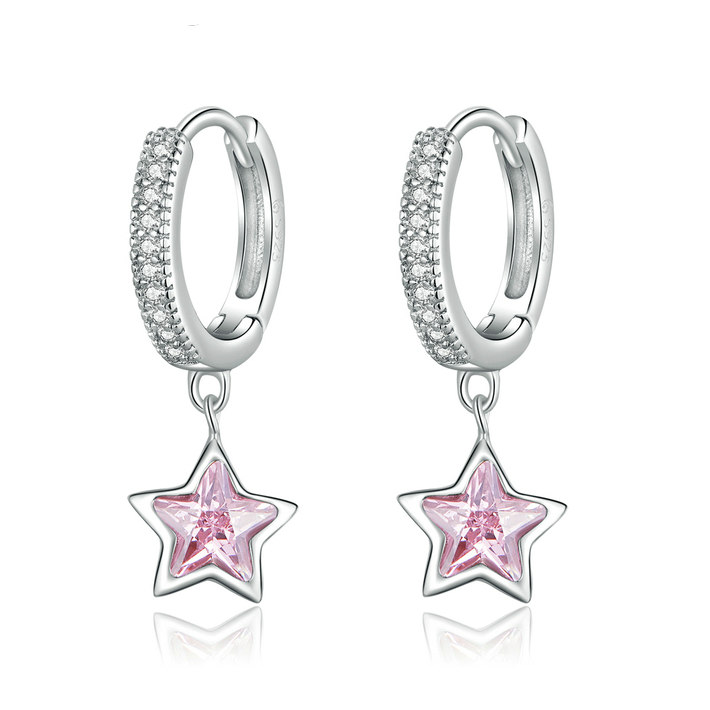Boucles d’Oreilles Créoles Pendentif Étoiles en argent 925 plaqué or blanc avec zircons blancs