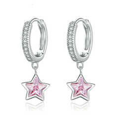 Boucles d’Oreilles Créoles Pendentif Étoiles en argent 925 plaqué or blanc avec zircons blancs