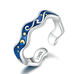 Bague Ciel Étoilé en argent 925 plaqué or blanc ajustable émaillées bleu et or