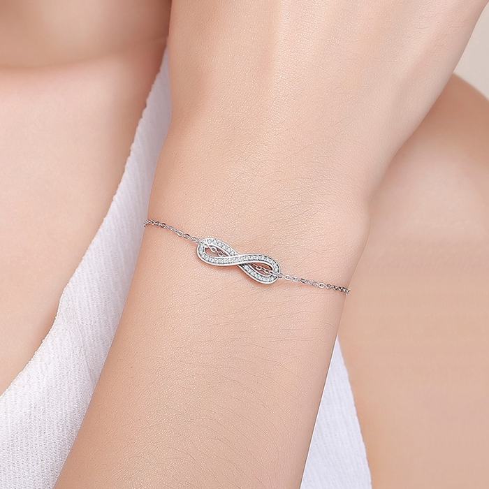 Bracelet Infini en argent 925 plaqué or blanc ajustable avec zircons blancs et perles - Photo 2