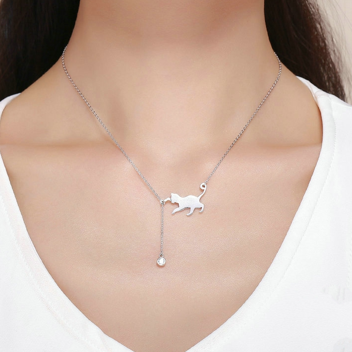 Collier Chat Jouant en argent 925 plaqué or blanc avec pendentif lumineux et zircon blanc - Photo 2