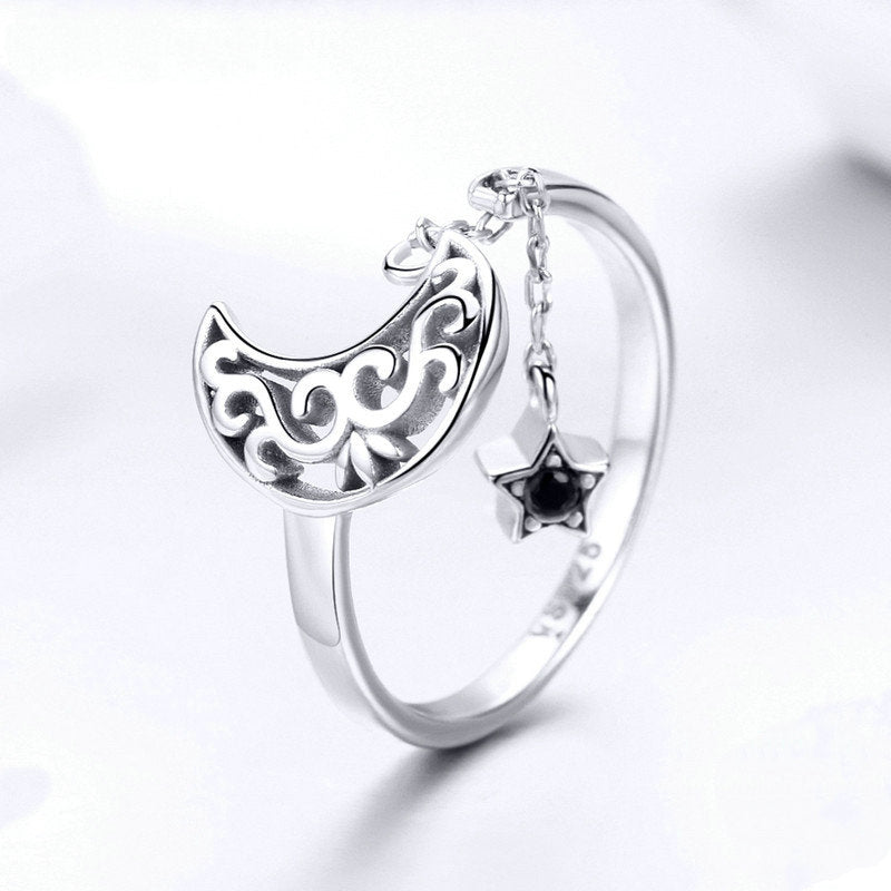 Bague Lune et Étoile en argent 925 plaqué or blanc ajustable avec chaîne et zircon noir - Photo 3