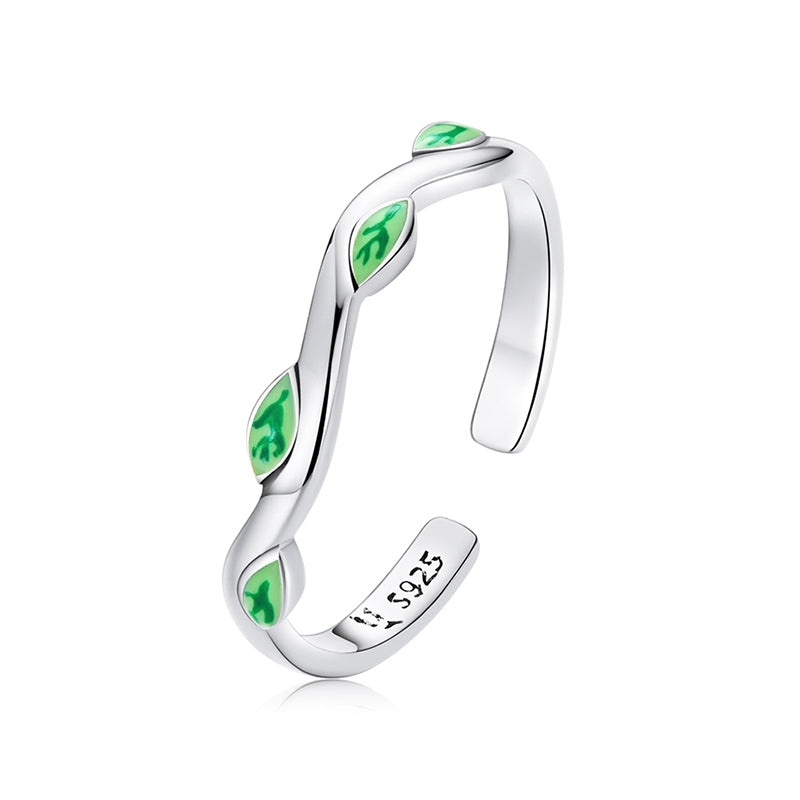 Bague Feuilles Vertes en argent 925 plaqué or blanc ajustable émaillé à la main