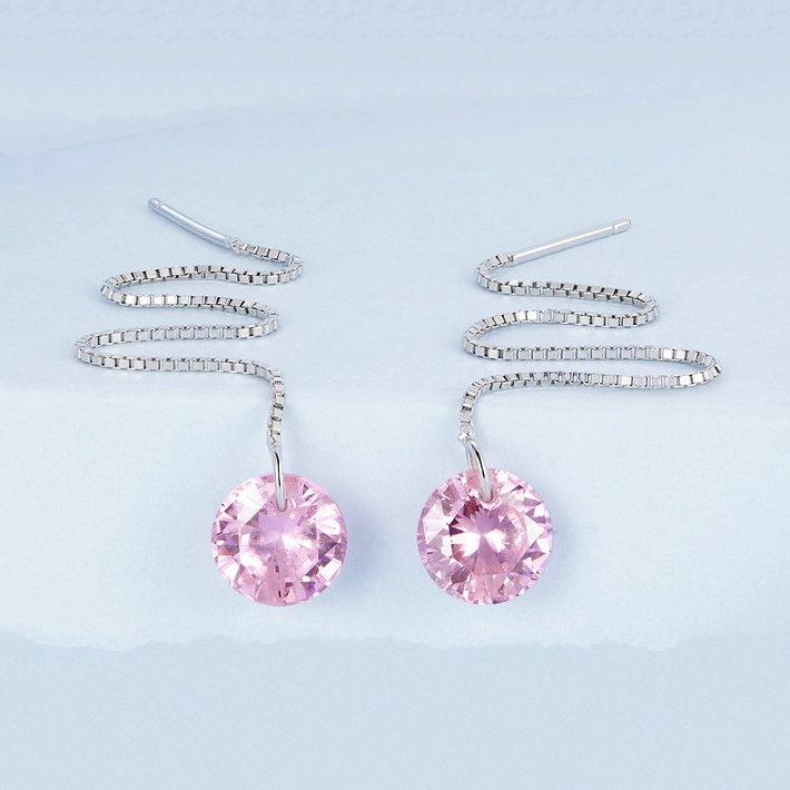 Chaînes d’Oreilles Roses Pendantes en Argent Sterling 925 plaqué or blanc avec zircons roses - Photo 3