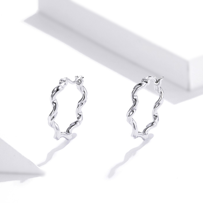 Boucles d’Oreilles Créoles Ondulés Argent sterling 925 plaqué or blanc - Photo 3