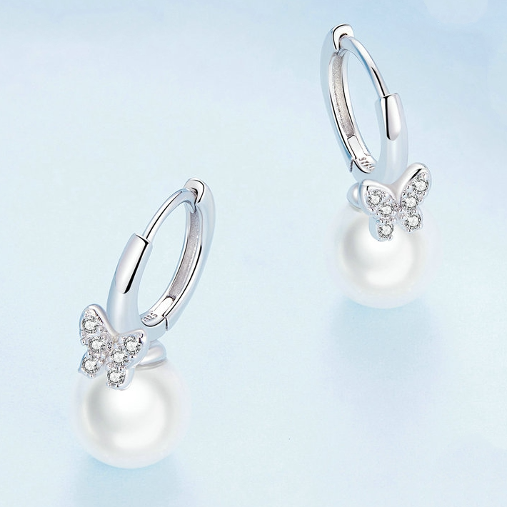 Boucles d’Oreilles Créoles Papillons et Perles en argent 925 plaqué or blanc avec zircons blancs - Photo 4