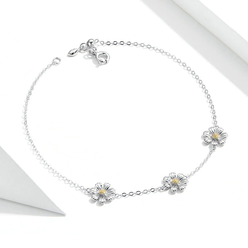 Bracelet Marguerites en argent 925 plaqué or blanc ajustable - Photo 3