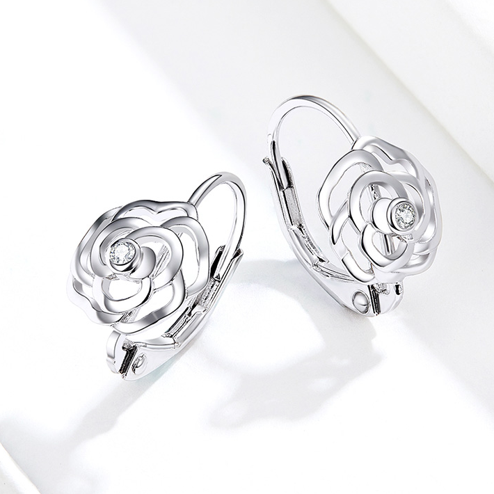 Boucles d’Oreilles Créoles Roses en argent 925 plaqué or blanc avec zircons blancs - Photo 3