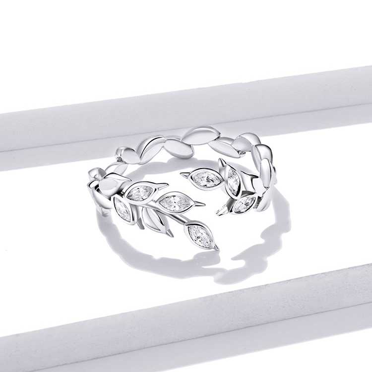 Bague Feuilles en argent 925 plaqué or blanc ajustable avec zircons blancs - Photo 5