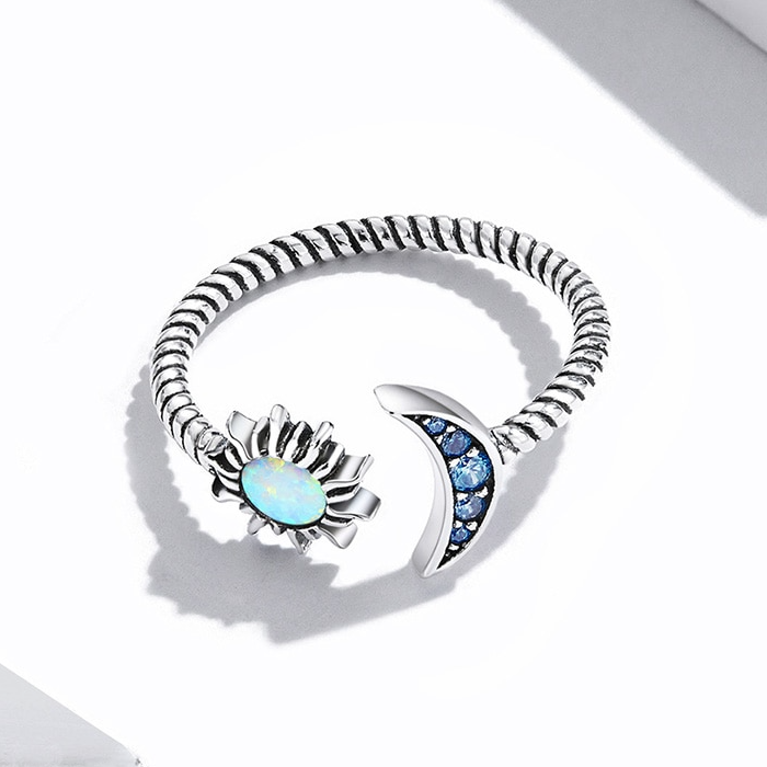 Bague Soleil et Lune en argent 925 plaqué or blanc ajustable avec opale et zircons bleus - Photo 5