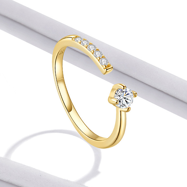 Bague Solitaire en argent 925 plaqué or jaune ajustable avec zircons blancs - Photo 4