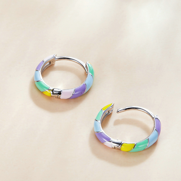Boucles d’Oreilles Créoles Émaillées Argent Sterling 925 plaqué or blanc émaillé à la main - Photo 3