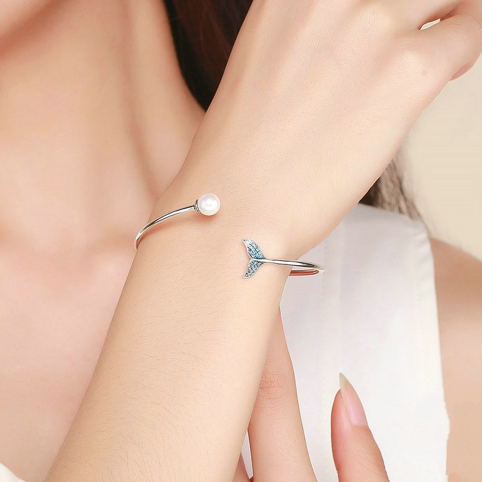 Bracelet Sirène avec Perle jonc en argent 925 plaqué or blanc avec perle et zircons bleus - Photo 2