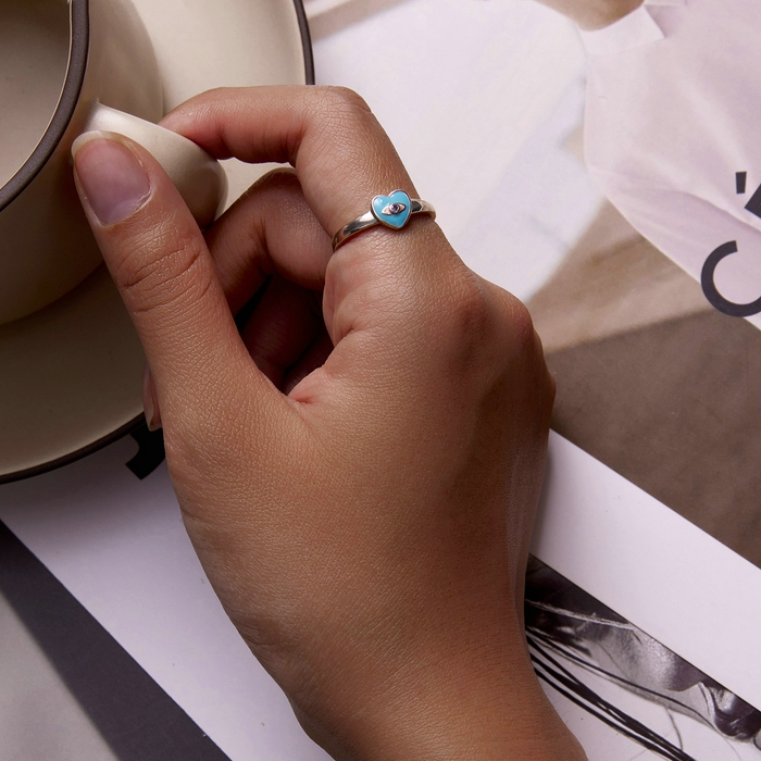 Bague Coeur Bleu en argent 925 plaqué or blanc ajustable émaillé bleu avec zircon violet - Photo 5