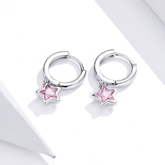 Boucles d’Oreilles Créoles Pendentif Étoiles en argent 925 plaqué or blanc avec zircons blancs - Photo 3