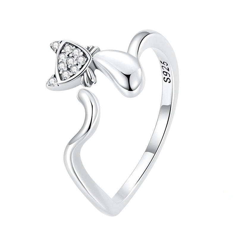 Bague Chat en argent 925 plaqué or blanc ajustable émaillé rose