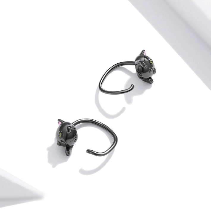 Boucles d’Oreilles Chat Noir Argent Sterling 925 plaqué noir avec des détails émaillés - Photo 4
