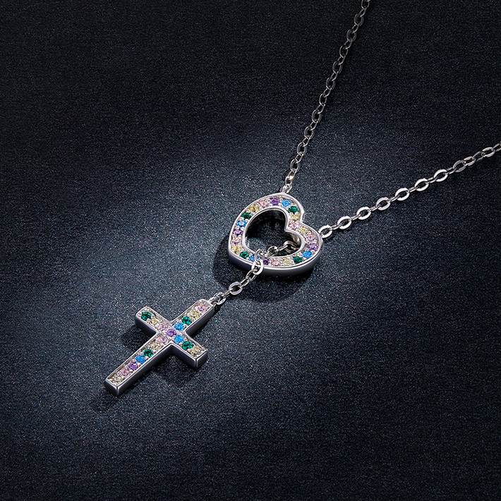 Collier Coeur avec Croix en argent 925 plaqué or blanc avec zircons colorés - Photo 3
