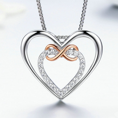Collier Double Coeur avec Infini en argent 925 plaqué or blanc et or rose ajustable avec zircons blancs - Photo 3