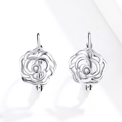 Boucles d’Oreilles Créoles Roses en argent 925 plaqué or blanc avec zircons blancs - Photo 4