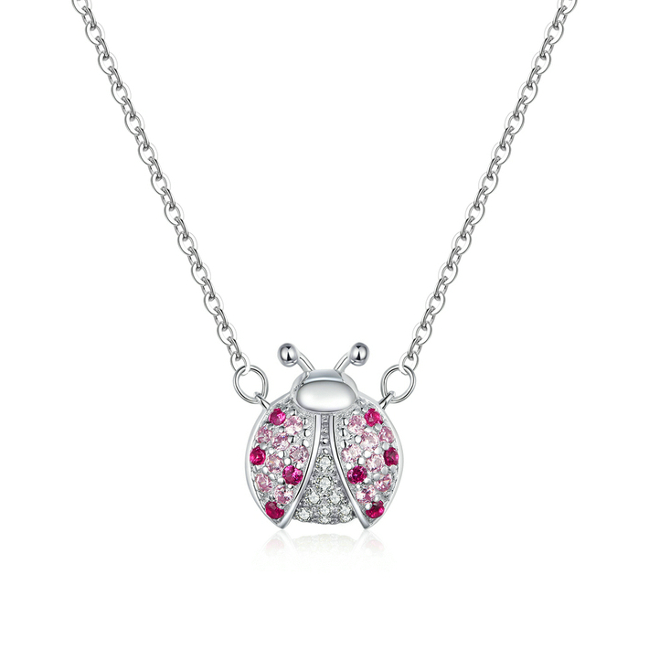 Collier Coccinelle en argent 925 plaqué or blanc avec zircons colorés