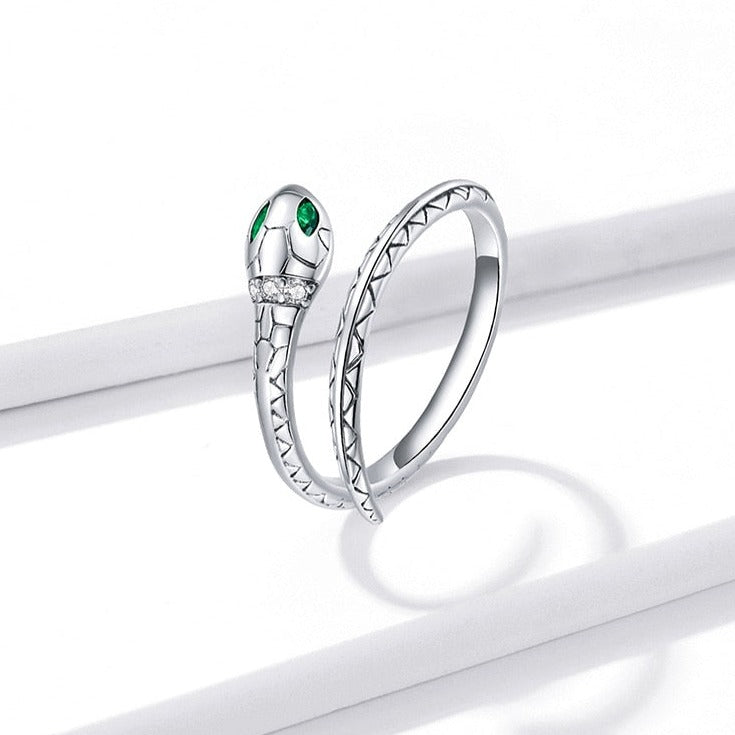 Bague Serpent en argent 925 plaqué or blanc ajustable avec zircons blancs et verts - Photo 3