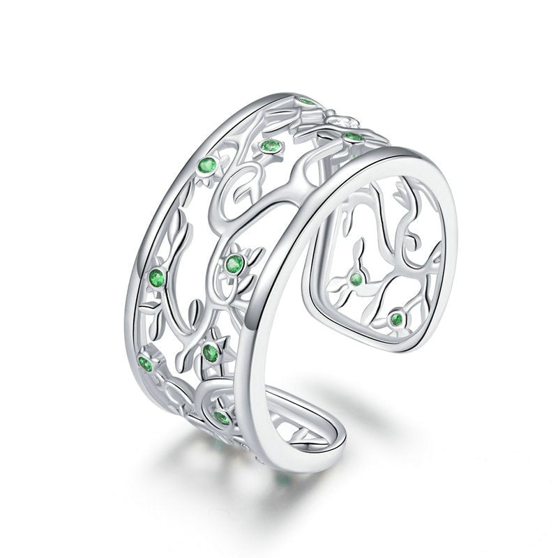 Bague Arbre de la Vie en argent 925 plaqué or blanc ajustable avec zircons verts