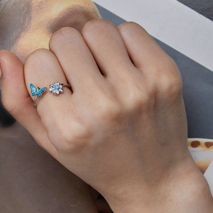 Bague Papillon avec Fleur en argent 925 plaqué or blanc ajustable émaillée à la main avec zircon bleu et opale - Photo 5