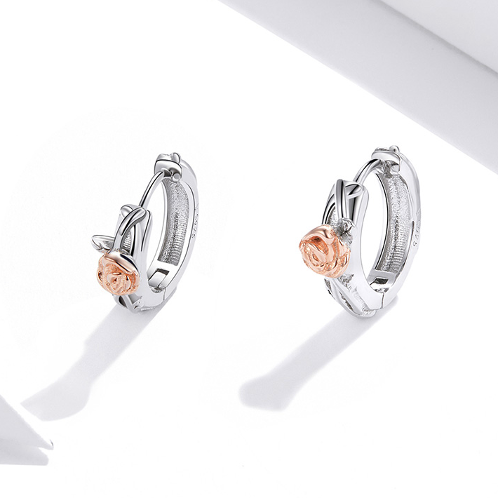 Boucles d’Oreilles Créoles Roses en argent 925 plaqué or blanc et or rose - Photo 3