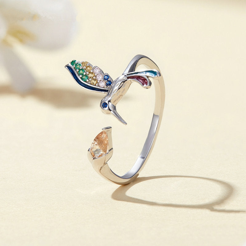 Bague Colibri en argent 925 plaqué or blanc ajustable avec zircons colorés - Photo 3