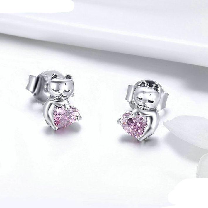 Boucles d'Oreilles Chat avec Coeurs - Image 2
