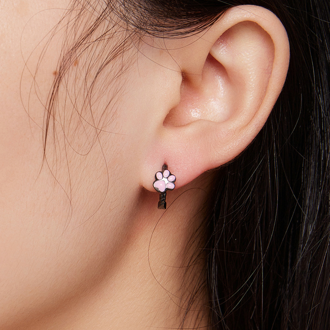Boucles d’Oreilles Créoles Pattes de Chat en argent 925 plaqué noir émaillé rose - Photo 2