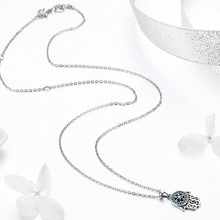 Collier Hamsa Brillant Argent Sterling 925 plaqué or blanc avec zircons bleus - Photo 4