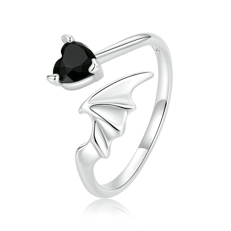 Bague Coeur Noir en argent 925 plaqué or blanc ajustable avec zircon noir