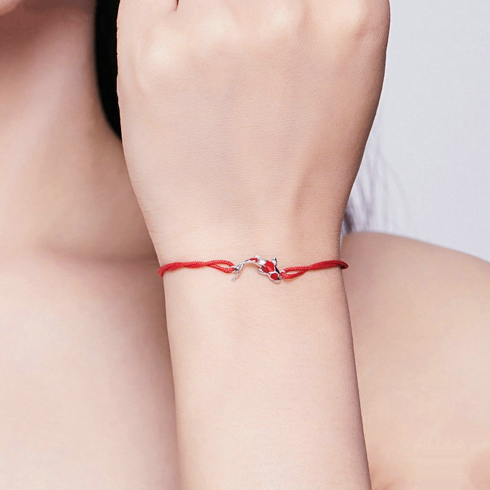 Bracelet Carpe Koï style marin en corde rouge ajustable avec carpe Koï et étoile en argent 925 émaillé rouge - Photo 2