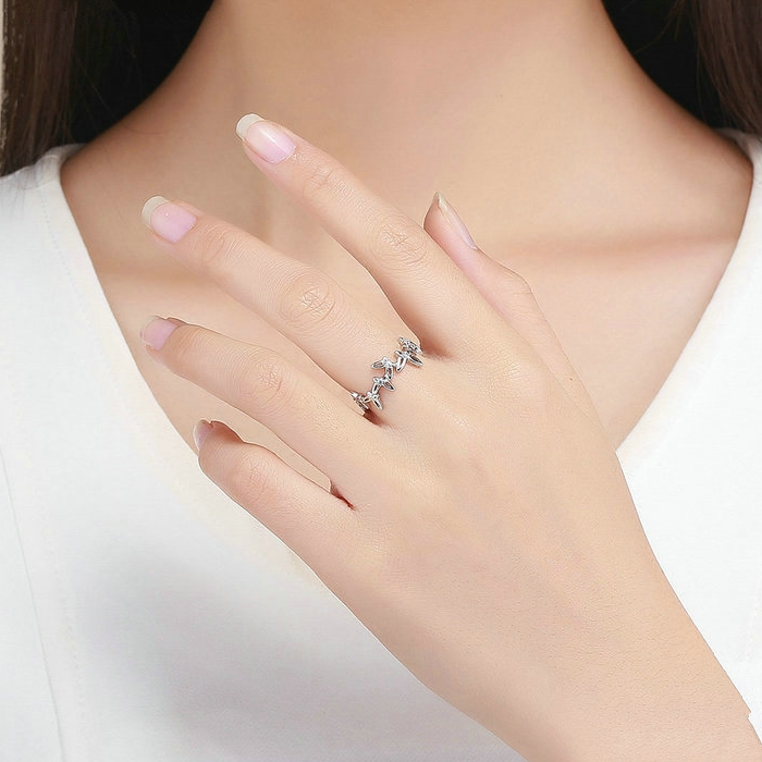 Bague Papillons en argent 925 plaqué or blanc ajustable avec zircons blancs