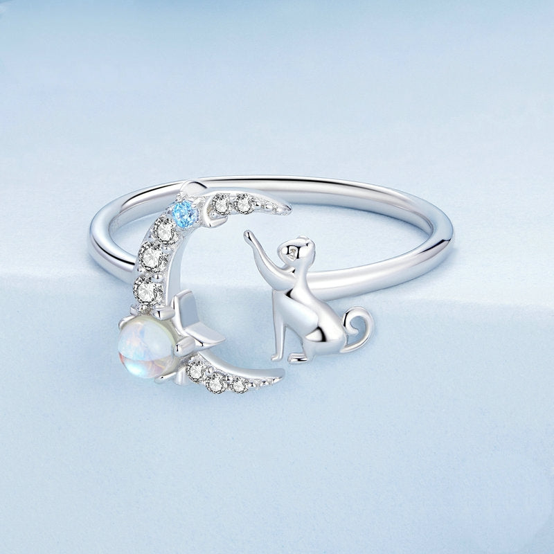 Bague Chat Lune et Étoiles en argent 925 plaqué or blanc ajustable avec pierre de lune et zircons blancs et bleus - Photo 4