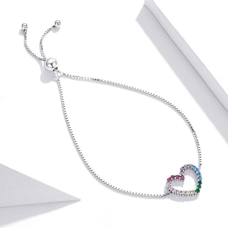 Bracelet Coeur Arc-en-Ciel en argent 925 plaqué or blanc ajustable avec zircons colorés - Photo 4