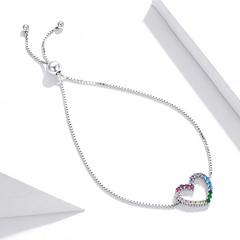 Bracelet Coeur Arc-en-Ciel en argent 925 plaqué or blanc ajustable avec zircons colorés - Photo 4