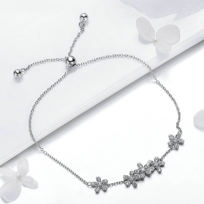 Bracelet Marguerites en argent 925 plaqué or blanc ajustable avec zircons blancs - Photo 2