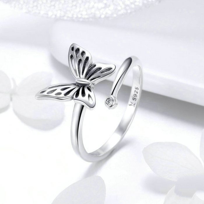 Bague Papillon en argent 925 plaqué or blanc ajustable avec zircon blanc - Photo 3