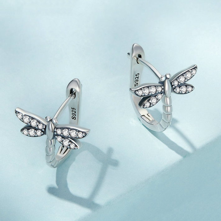 Boucles d’Oreilles Libellules en argent 925 plaqué or blanc avec zircons blancs - Photo 3