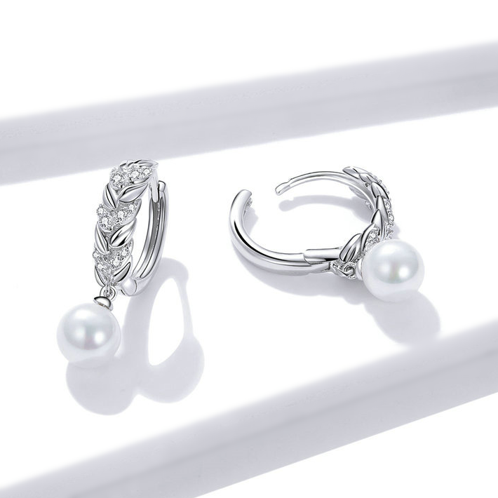 Boucles d’Oreilles Feuilles Brillantes avec Perles Argent Sterling 925 plaqué or blanc avec zircons blancs - Photo 3